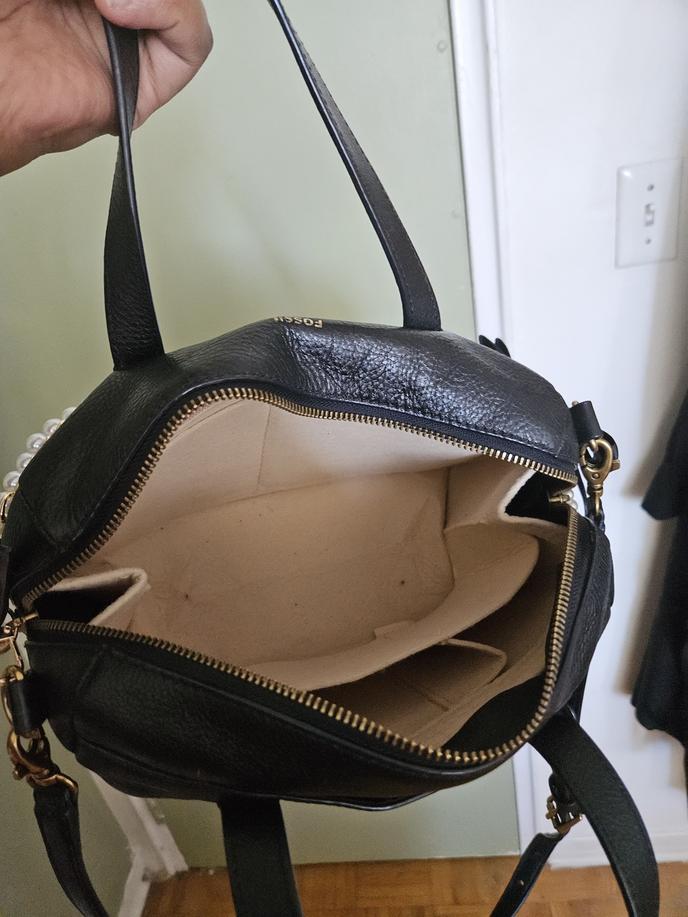 Fossil Black Leather Satchel with Pearl Chain - Picture 8 of 10